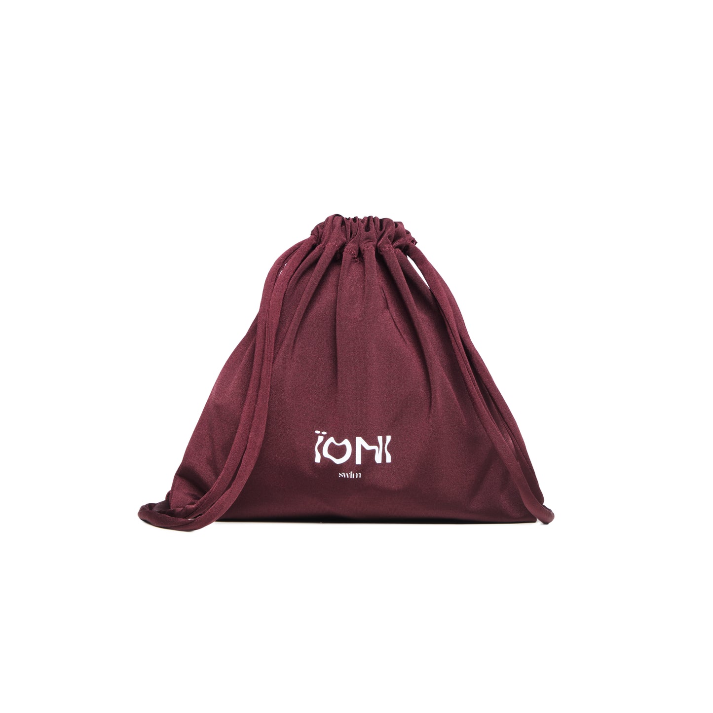 IONI Swim bikini pouch packaging detail in burgundy